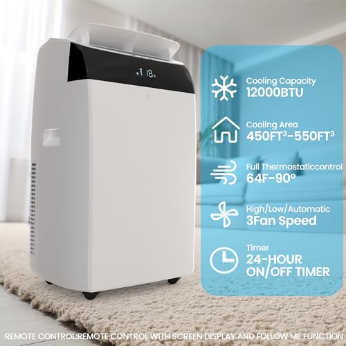 Portable Air Conditioner with LCD Display Remote Control/24H Timer/Window Venting Kit,3 in 1 Portable AC,Cooling,Dehumidifier,Fan Cooling Up to 450 sq.ft.for Bedroom, Living Room,Office