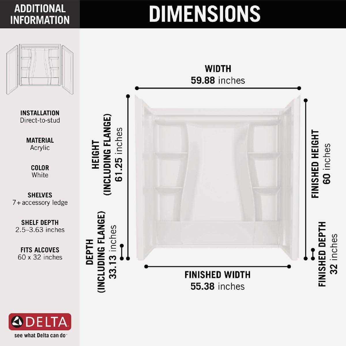 Delta Classic 500 61-1/4 in. H x 32 in. W x 60 in. L White Bathtub Wall - Shop Hardware Tools Online Store