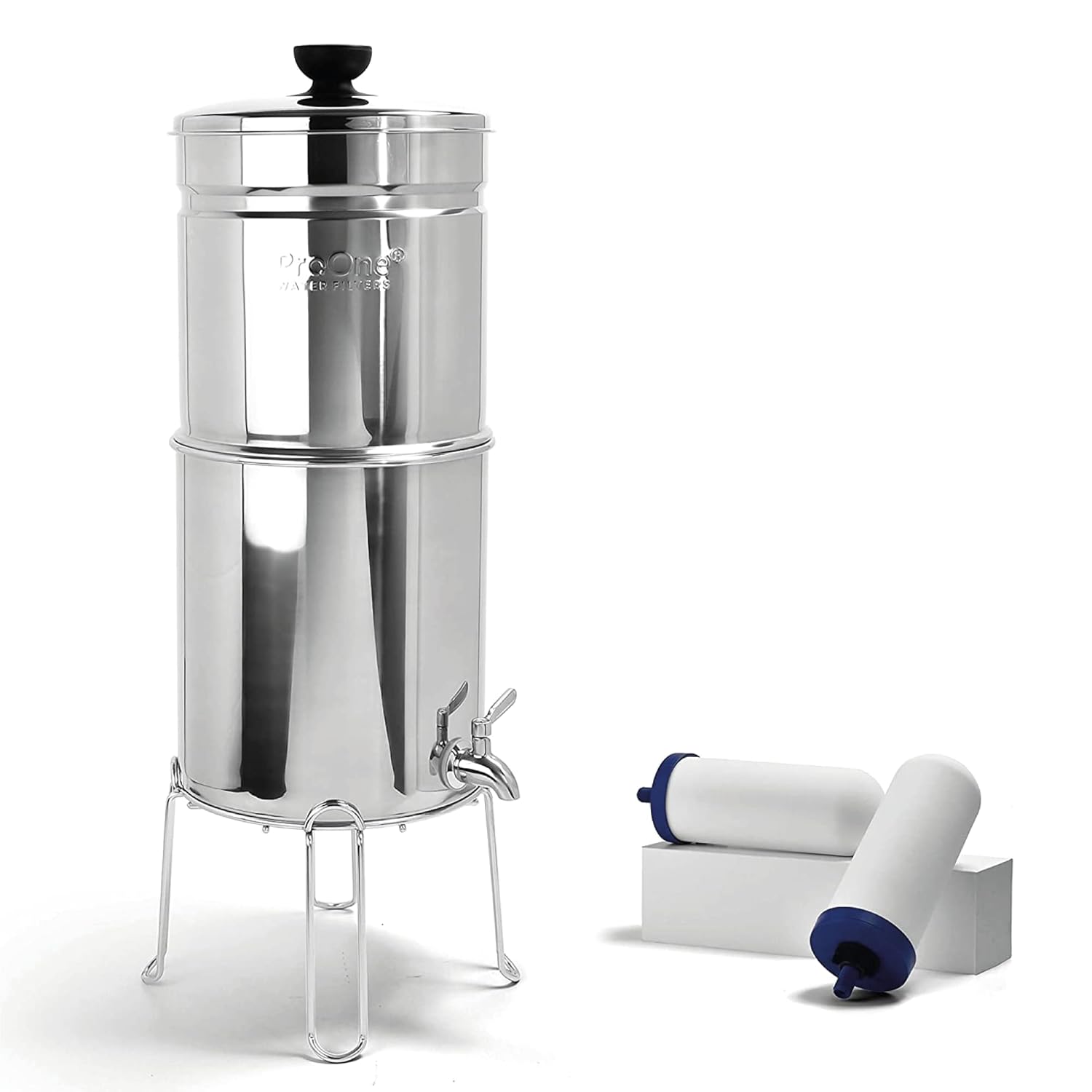 ProOne Traveler+ Stainless-Steel Gravity Water Filter System, 2.25-Gallon Water Capacity, Countertop Water Dispenser for Home, Camping, and Travel w/ (2) 7-inch Filter & Wire Stand