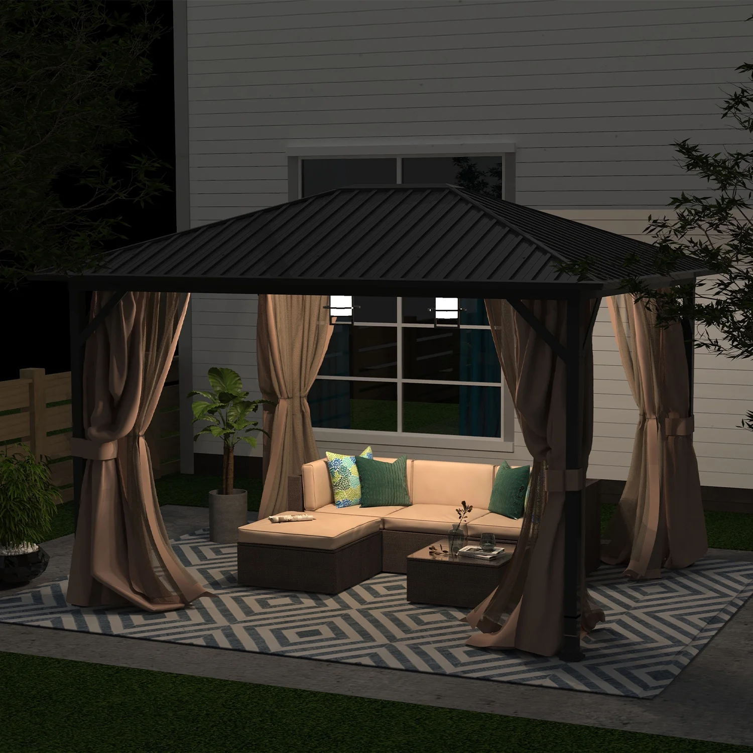 FineFind 10' x 12' Hardtop Gazebo Outdoor Metal Canopy Gazebo with Netting and Curtains for patios  all season