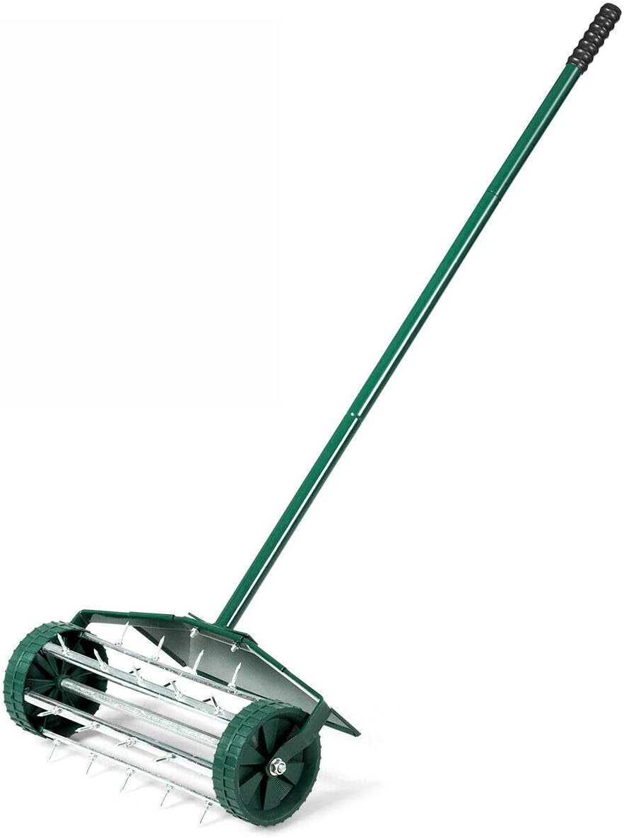 Goplus Rolling Lawn Aerator 18-inch Garden Yard Rotary Push Tine Heavy Duty Spike Soil Aeration, 40.5-in Handle (Silver) Pack of 2