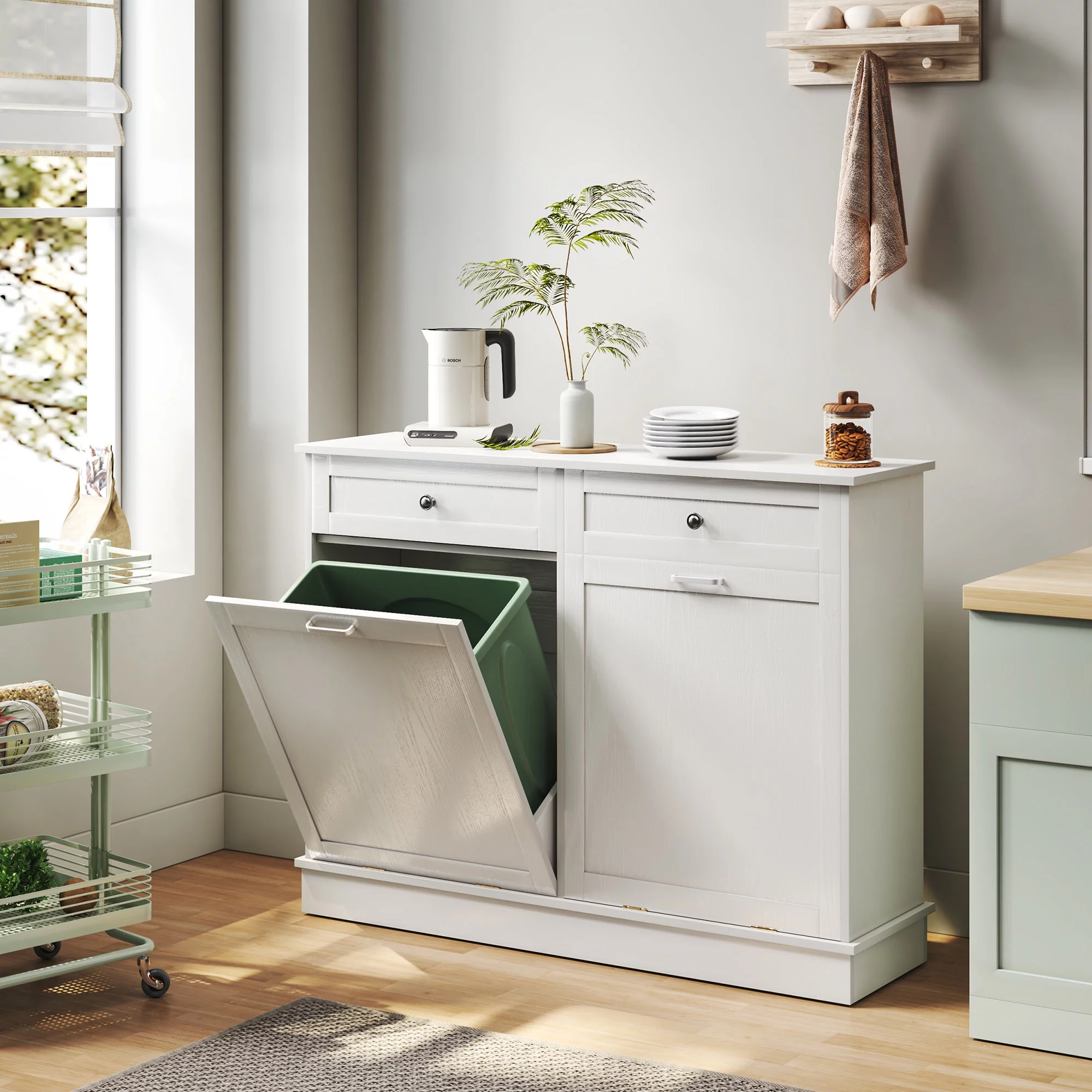 TC-HOMENY Dual Tilt Out Trash Cabinet, Trash Can with Countertop and Drawer, Free Standing Trash Can Cabinets with Lid Support Hinge, Recycling Cabinet Free Standing For Kitchen, Laundry Room, White