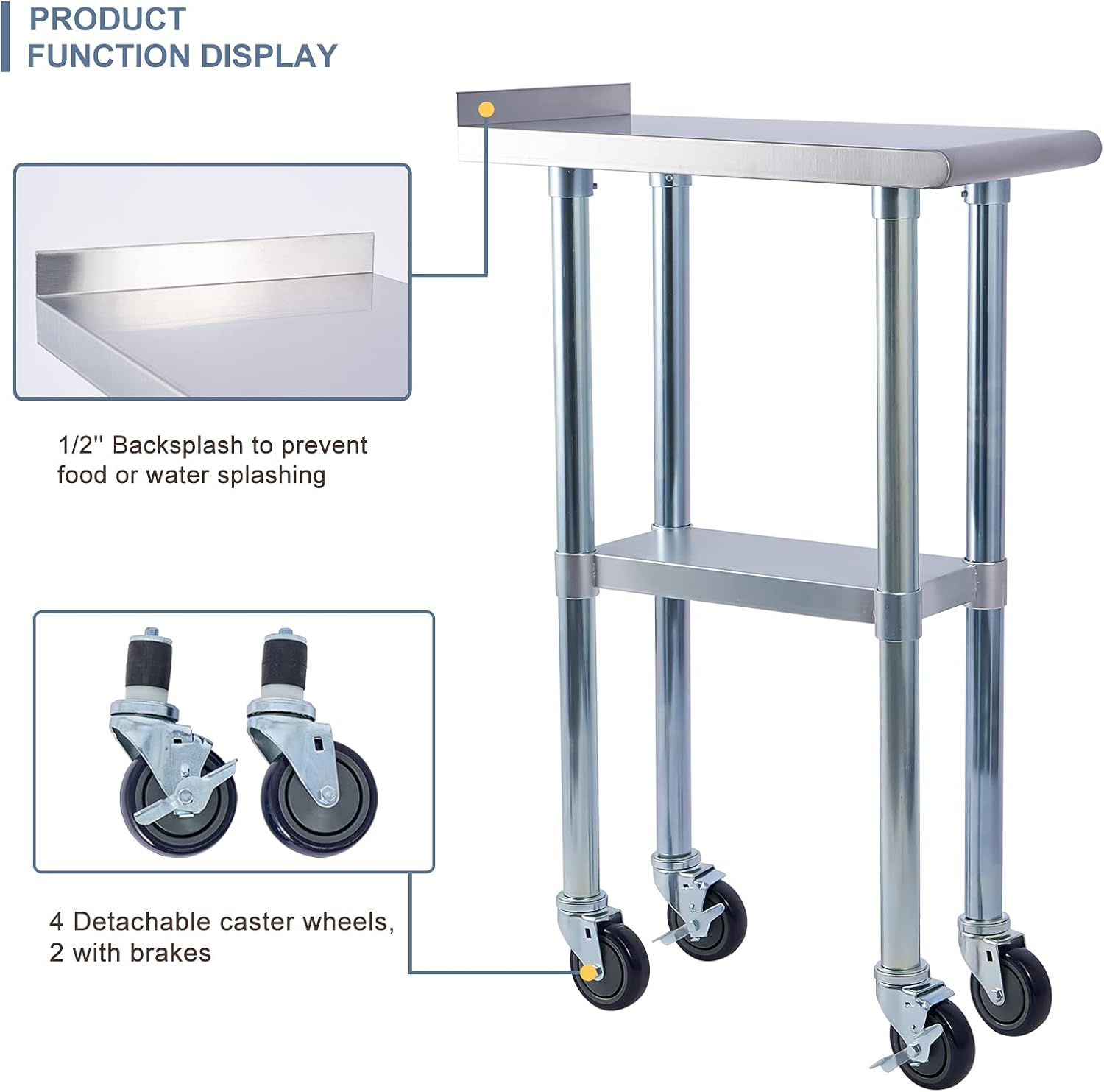 EASE-WAY Stainless Steel Metal Table NSF for Commercial Kitchen Prep & Work, 24 x 60 Inches Worktable with Backsplash, Adjustable Shelf and Caster Wheel, for Industrial Restaurant, Home and Garage