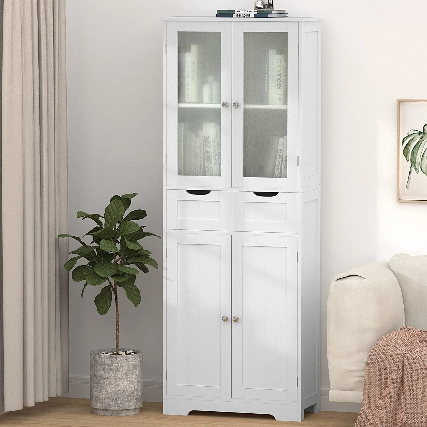 YPDCHB 67" Tall  Cabinet  Freestanding Kitchen Pantry Cabinet with Glass Doors and Shelves  Large Linen Bathroom Cabinet with 2 Drawers for Living Room  Kitchen  Dining Room  Office W - Curated Treasures Market