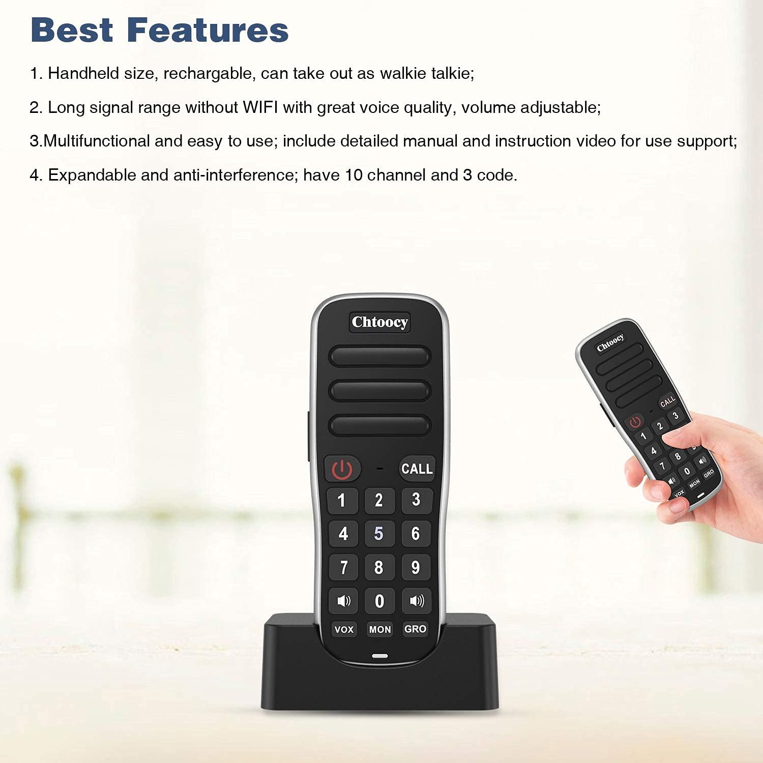 Rechargeable Intercoms Wireless for Home 5280 Feet Range 10 Channel, Chtoocy Handheld Wireless Intercom System for Home Business Office, Room to Room Communication System Expandable (4 Packs, Black)