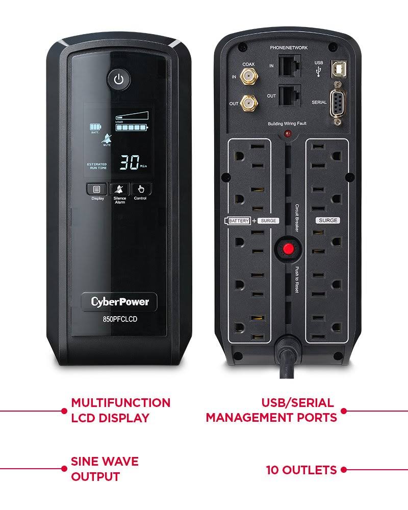 CyberPower CP850PFCLCD PFC 10-Outlets Sinewave UPS 850VA, 510 Watt