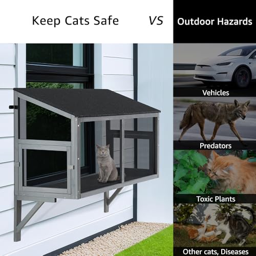 beeNbkks Bug Proof Cat Catio, Window Box Enclosure for Indoor Cats, Wooden Cat Window Perch House, Expandable for Multi Cats, Secure Comfortable Outdoor Haven for Cats, Keep Bugs Insects Out