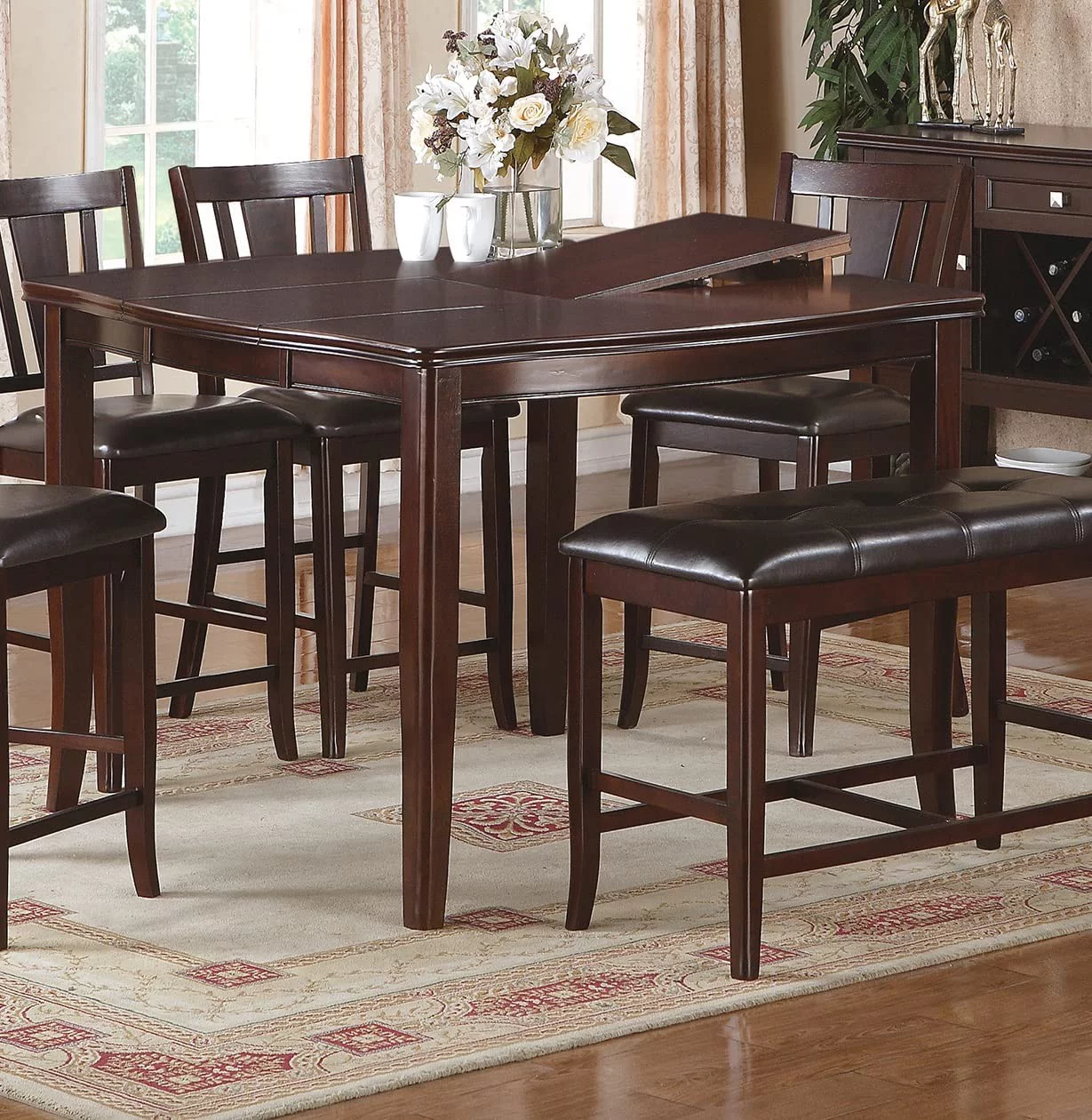 Perfect Contemporary Counter Height Dining 6pc Set Table w Butterfly Leaf 4X Chairs A Bench Brown Finish Rubberwood Chairs Cushions Kitchen Dining Room Furniture