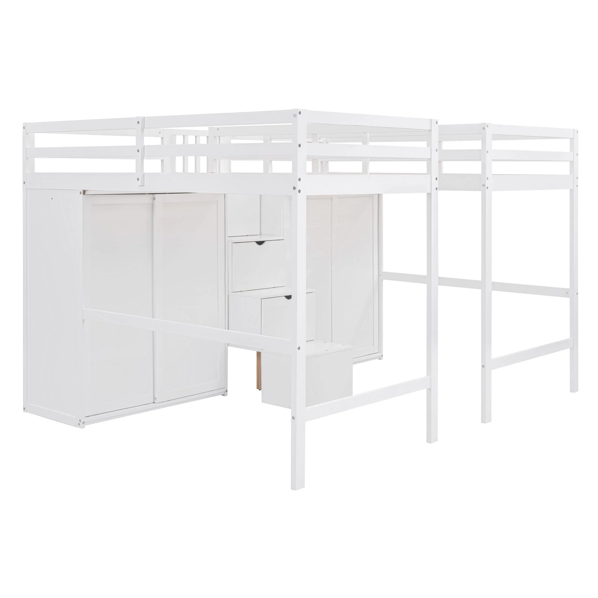 Double Twin Loft Bed, Solid Wood Loft Bed with Wardrobes and Staircase, Modern Storage Loft Bed with Storage Stairs and Shelves for Boys Girls Teens, Space Saving