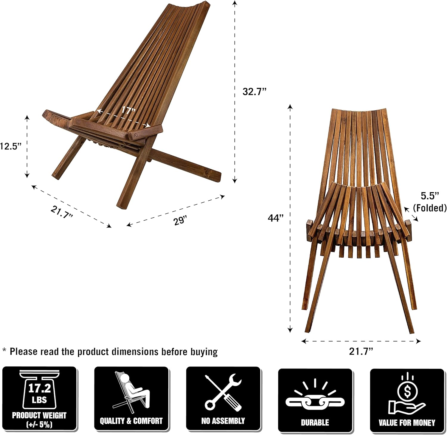 Melino Folding Wooden Outdoor Chairs - Low Profile, Acacia Wood Outdoor Lounge Chair, Stylish Wooden Folding Chair, Cinnamon - Great Wooden Patio Chair, Acacia Wooden Folding Chair for Your Home