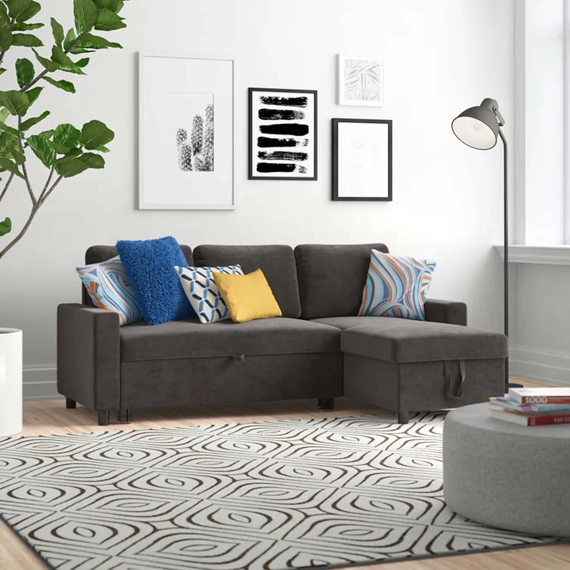 Momspeace Sofa Bed, 2 in 1 Sofa Sleeper with Storage Chaise-Pull Out Couch Bed for Living Room - Dark Brown