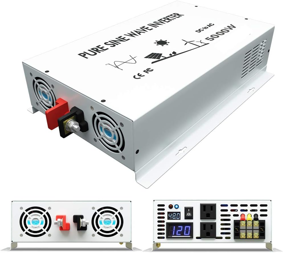 WZRELB 5000W Pure Sine Wave Power Inverter DC 48V to 110V 120V AC Car Inverter with Dual Outlets +Hardwire Terminal +Digital LED Display Solar Converter