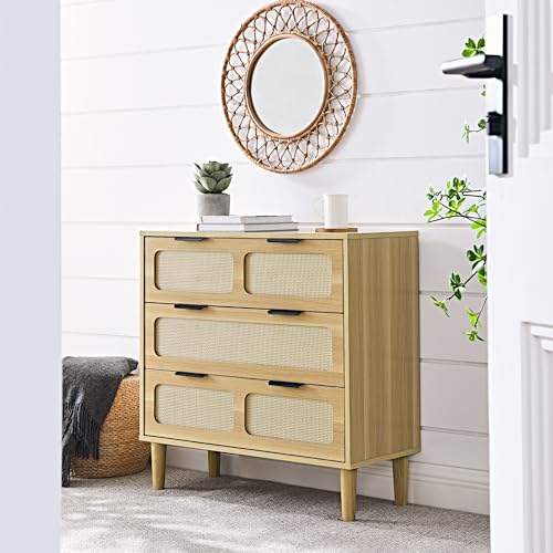 Garteder Modern Rattan Storage Cabinet with Wide Drawers and Metal Handles, Farmhouse Wooden Storage Chest of 3 Drawers for Dining Room, Living Room, Hallway, Entryway