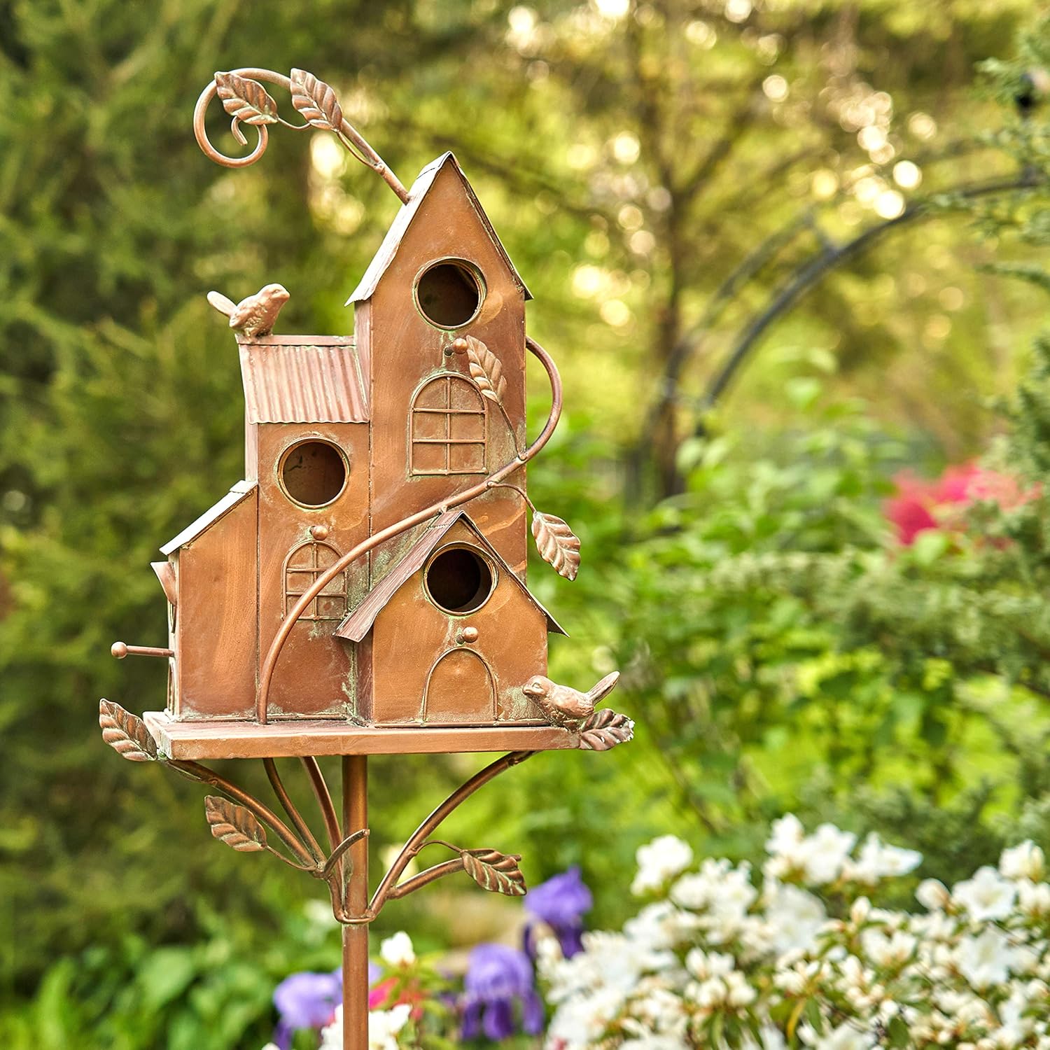 Zaer Ltd. Large Copper Colored Multi-Birdhouse Stakes, Room for 4 Bird Families in Each (Castle Home)