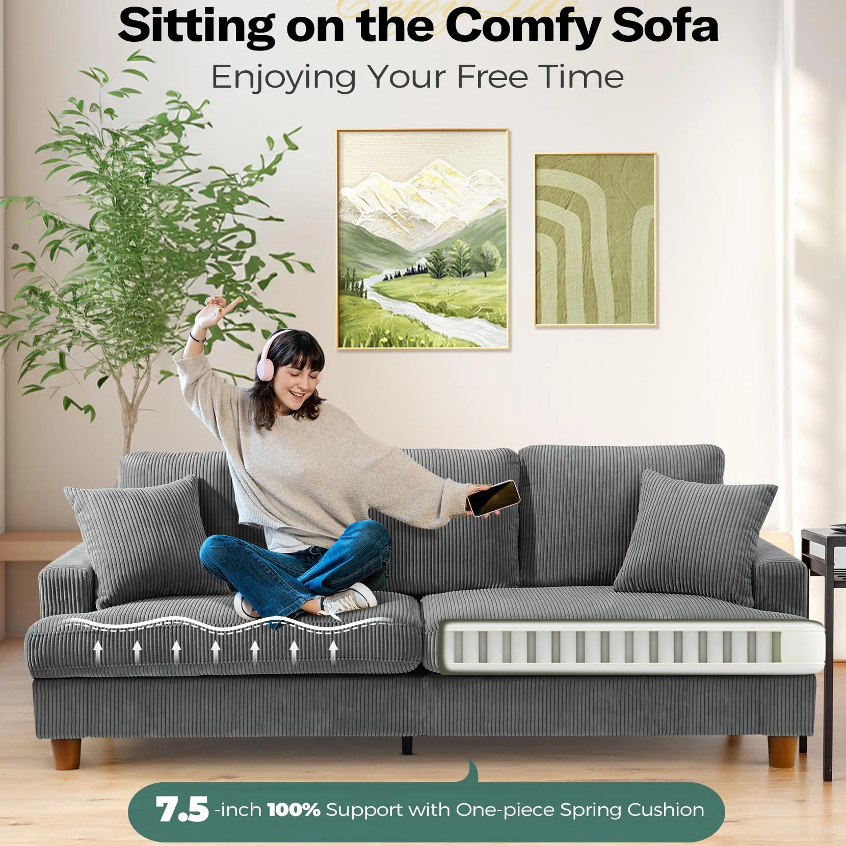 87" Corduroy Sofa,3 Seater Sofa Extra Deep Seats,Comfy Upholstered Couch for living Room,2 Pillows,Gray