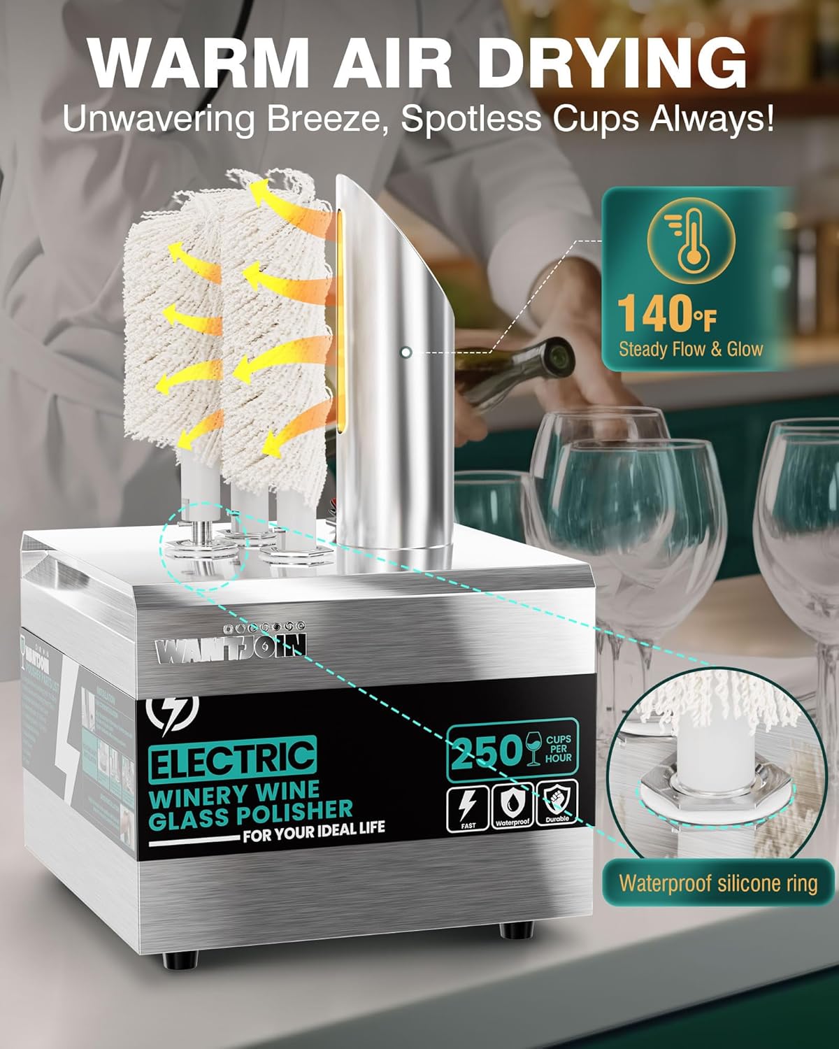 Glass Polisher,3 Pure cotton Brushes Electric Wine Glass Polisher with High Powered Heater, Stainless-Steel Commercial glass polisher machine,Safe & Hygienic for Bar Kitchen Restaurants