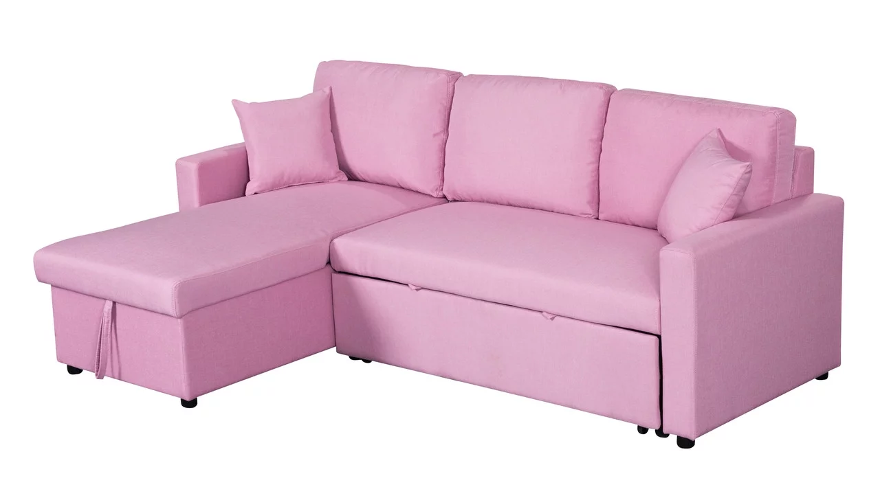 CoSoTower Pink Linen Fabric Reversible Sleeper Sectional Sofa with Storage Chaise