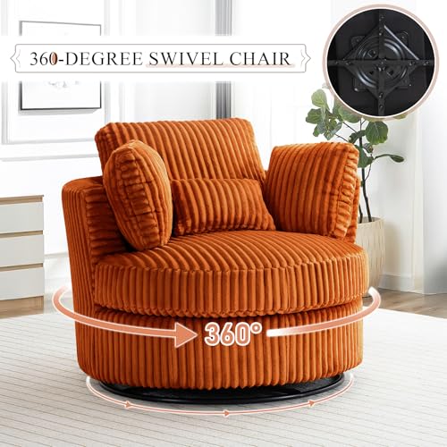 Chair and A Half with Ottoman, 360° Swivel Accent Barrel Chair Modern Comfy Round Reading Sofa Swivel Chairs Circle Lounge Chair for Bedroom Living Room w/4 Pillow Lower Seating Heigh (White, Large)
