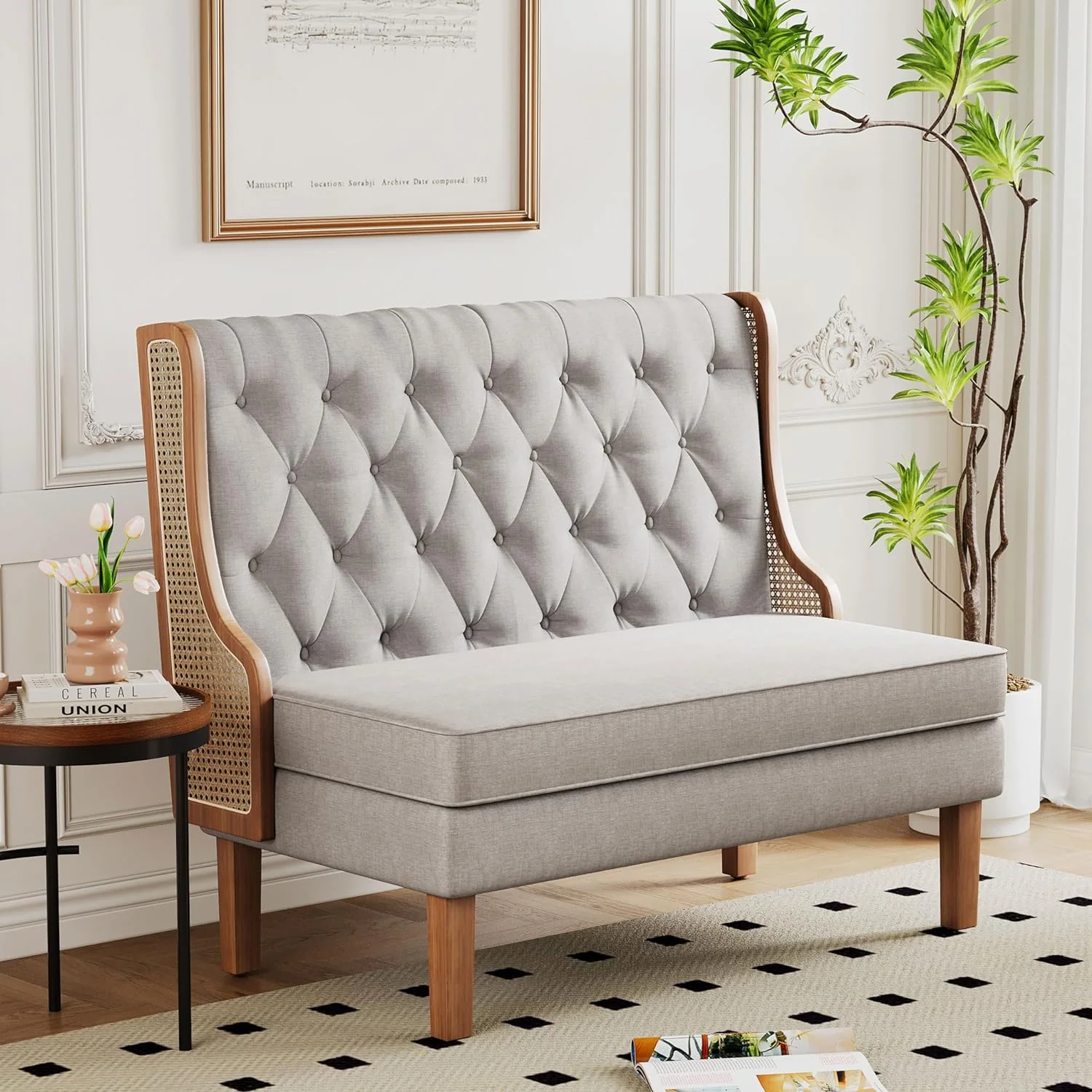 Loveseat Settee Bench with Natural Rattan Arms,Upholstered Modern High-Back Mini Sofa Couch,Banquette Dining Bench for Living Dining Room Bedroom Office Small Space Entryway,Light Grey