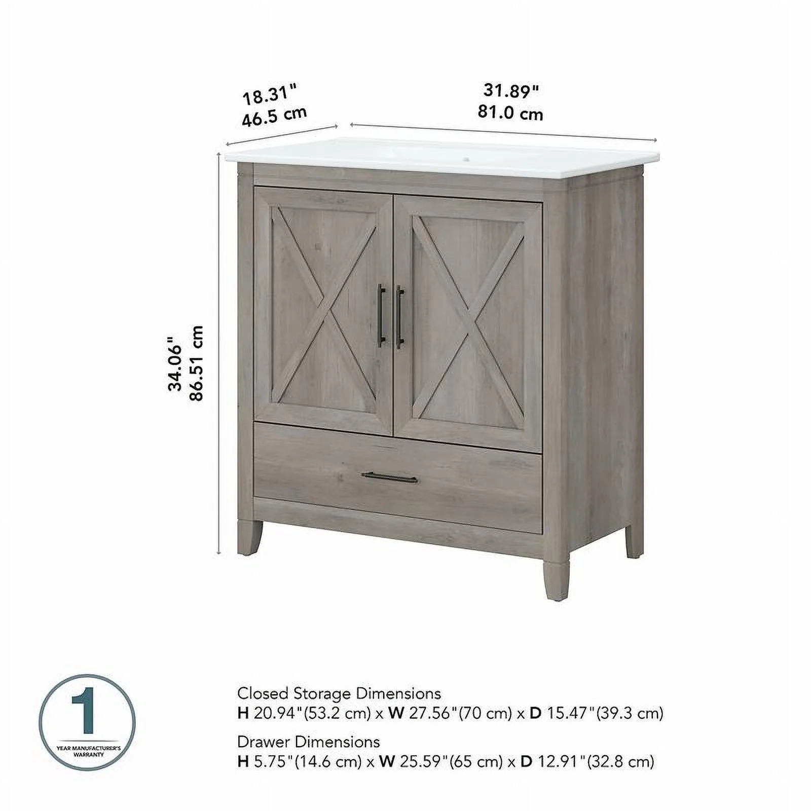 Bush Furniture Key West 32W Bathroom Vanity with Sink in Driftwood Gray