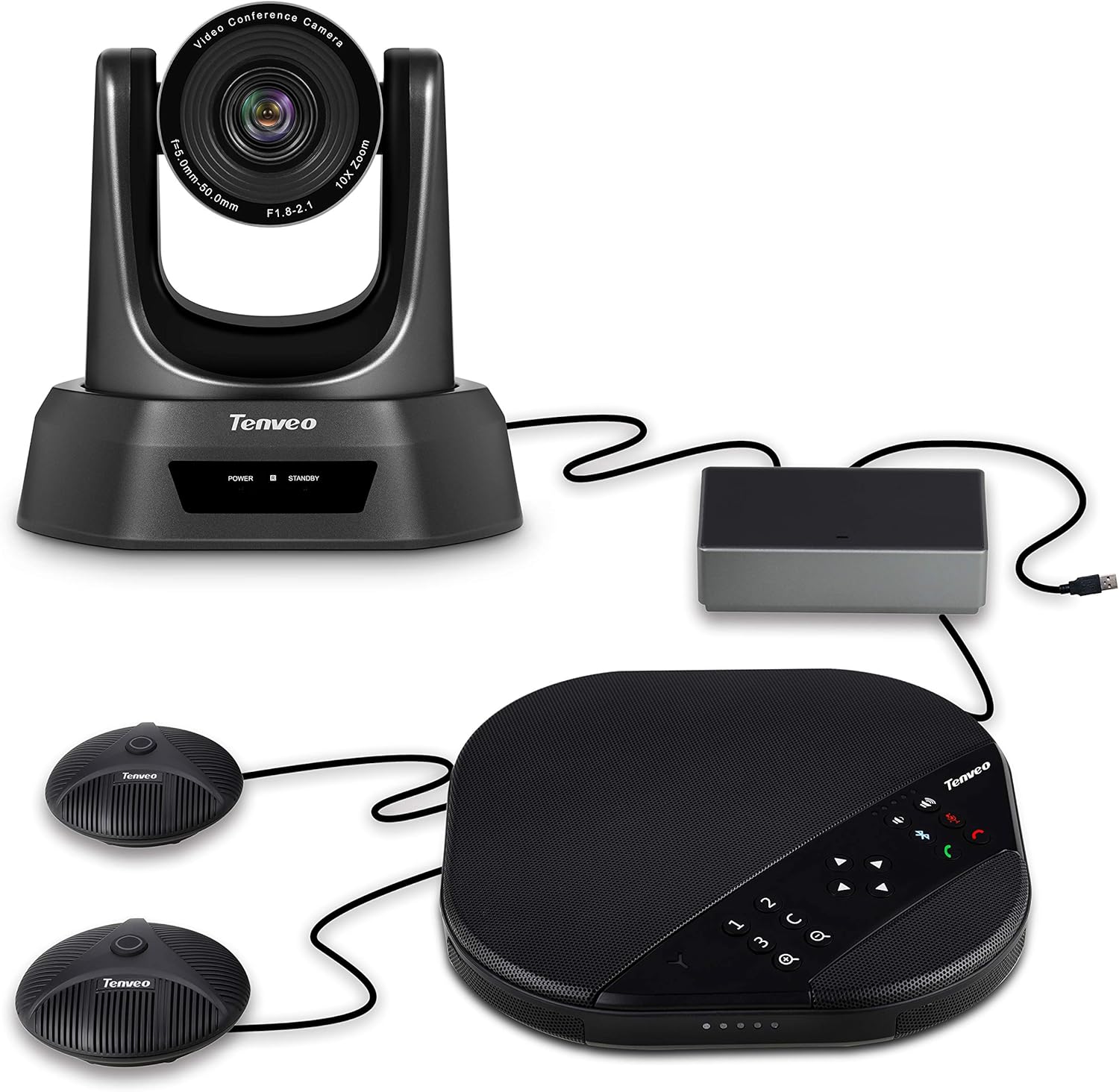 Tenveo All-in-One Video and Audio Conference Room Camera System 10X Optical Zoom USB PTZ Conferencing Camera with Expansion Microphones for Large Remote Meeting Work with Zoom Skype