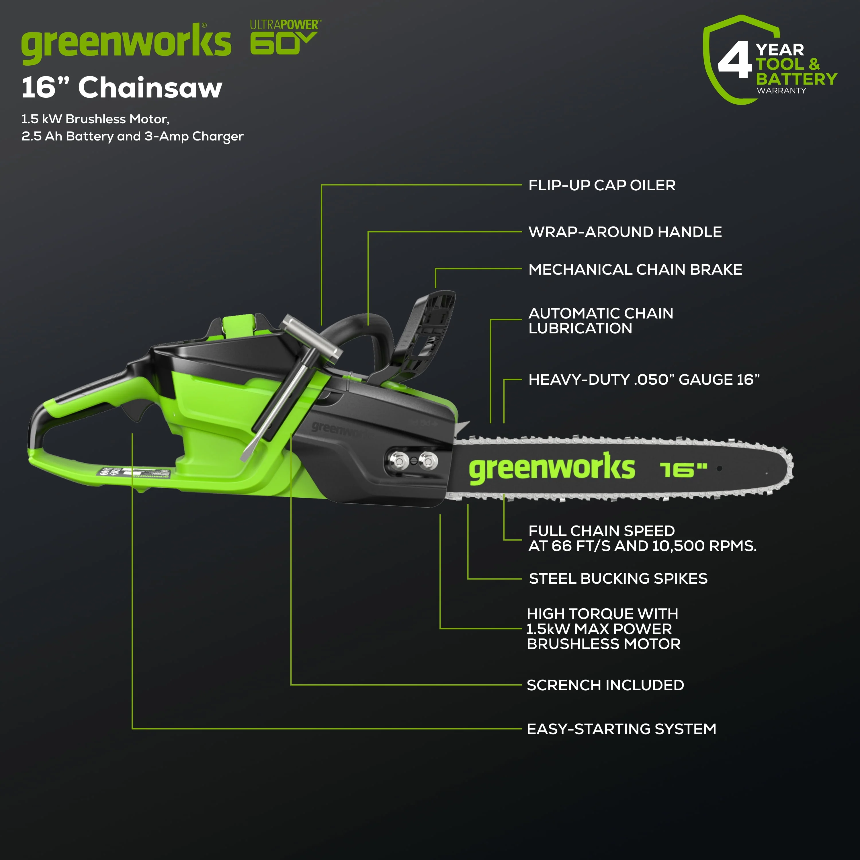 Greenworks 60V 16 1.5kW Brushless Chainsaw with 2.5 Ah Battery & 3 Amp Charger 2028602