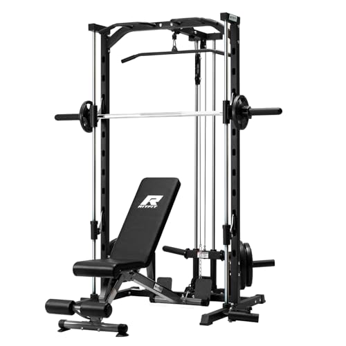 RitFit Smith Machine Power Rack with LAT-Pull Down System, Landmine, Barbell Bar, Plate Storage Pegs and More Training Attachment