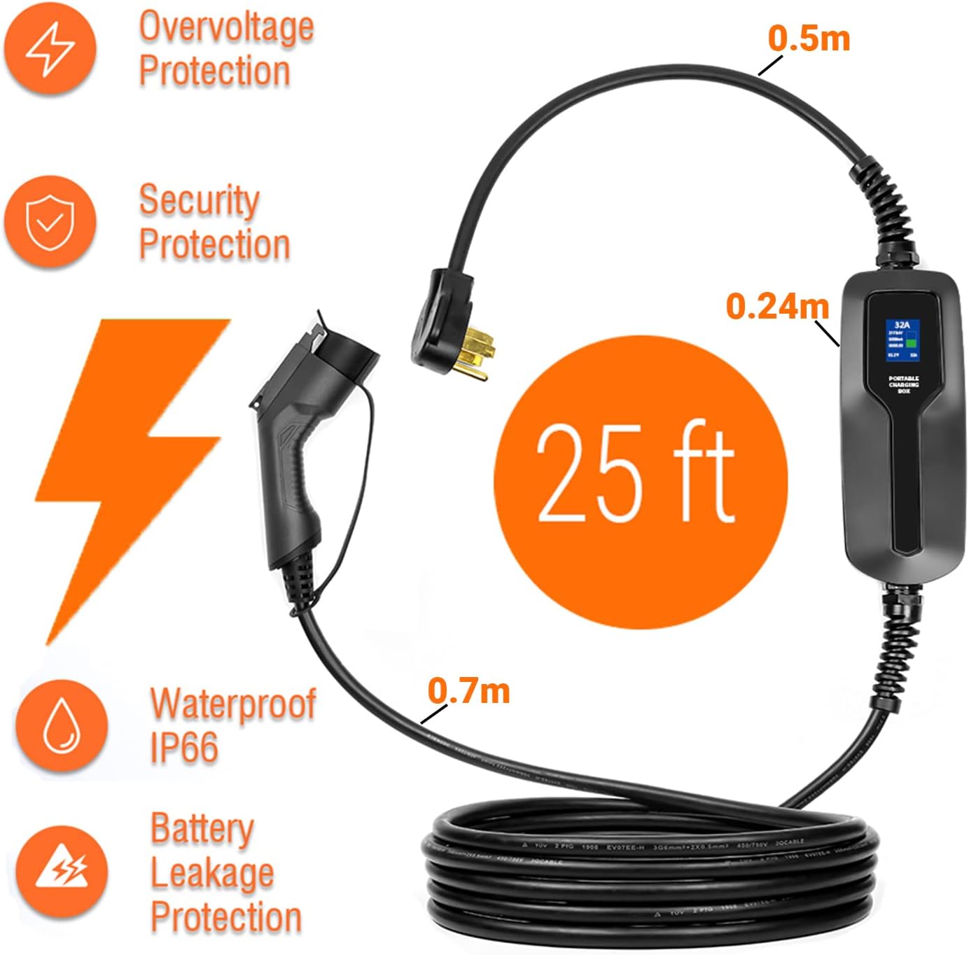 Elecvlife 220-240V Electric Vehicle Level 2 EV Charger 32A NEMA 14-50 Plug SAE J1772 Charger Electric Car 7.68 kW ,25ft with ev Charger
