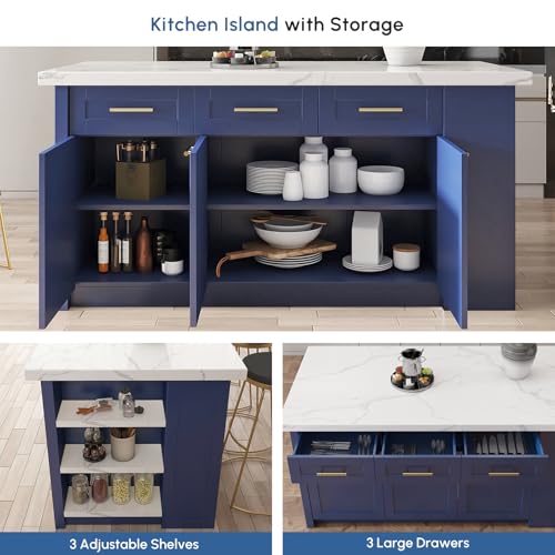 homary 72'' Kitchen Islands with Storage Modern White Kitchen Table with Seating & 3 Drawers Dining Table