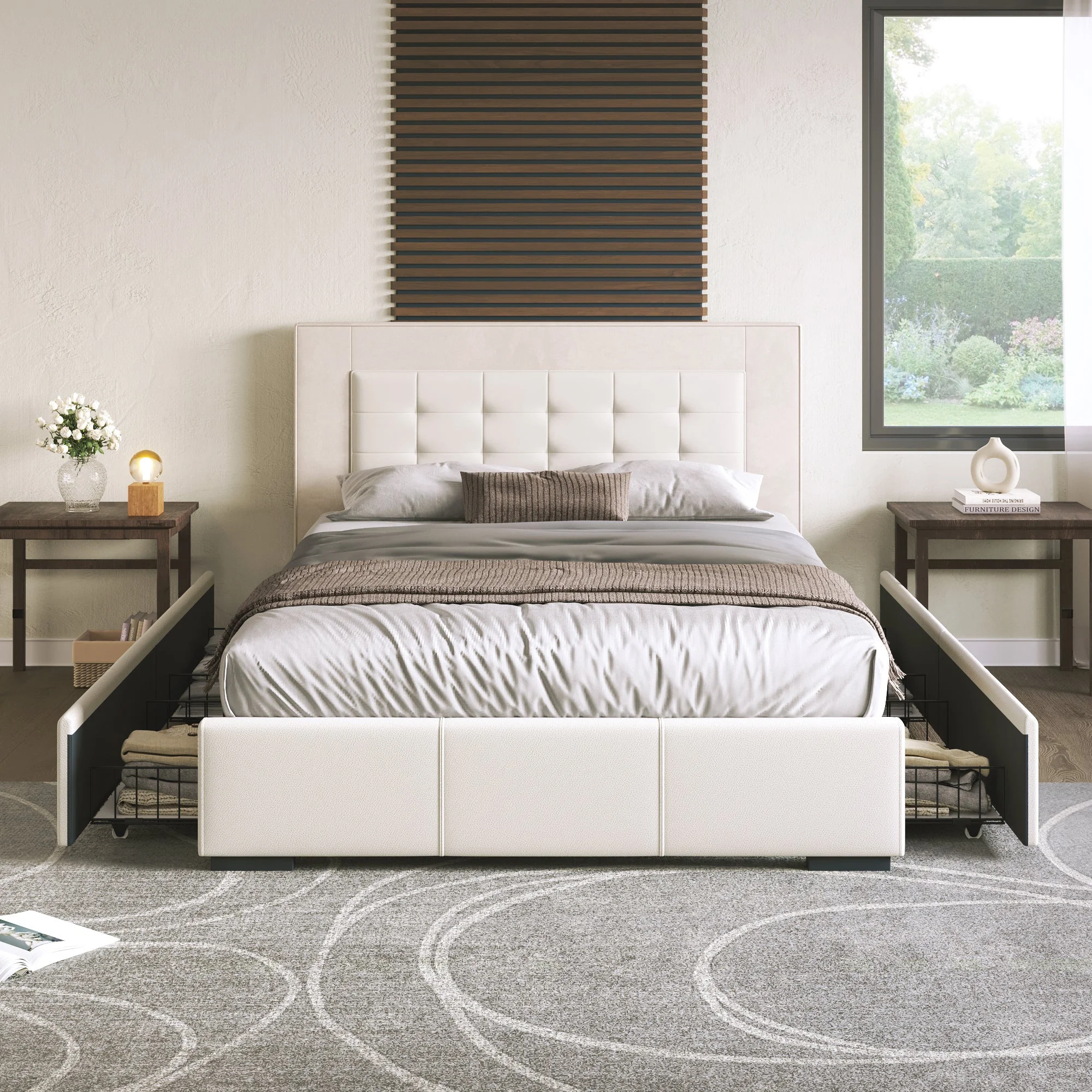 Acer Queen Platform Bed Frame with Four Drawers - Beige