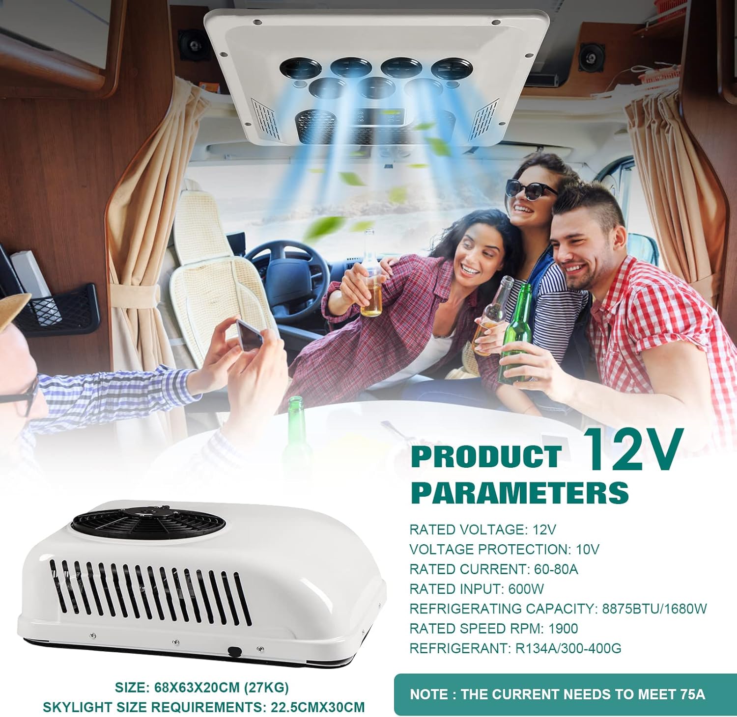 12V DC air conditioner，roof air conditioner are applicable to trucks, RVs, buses, excavators, campers, agricultural vehicles, etc. 12V air conditioner cold/hot function (12V)