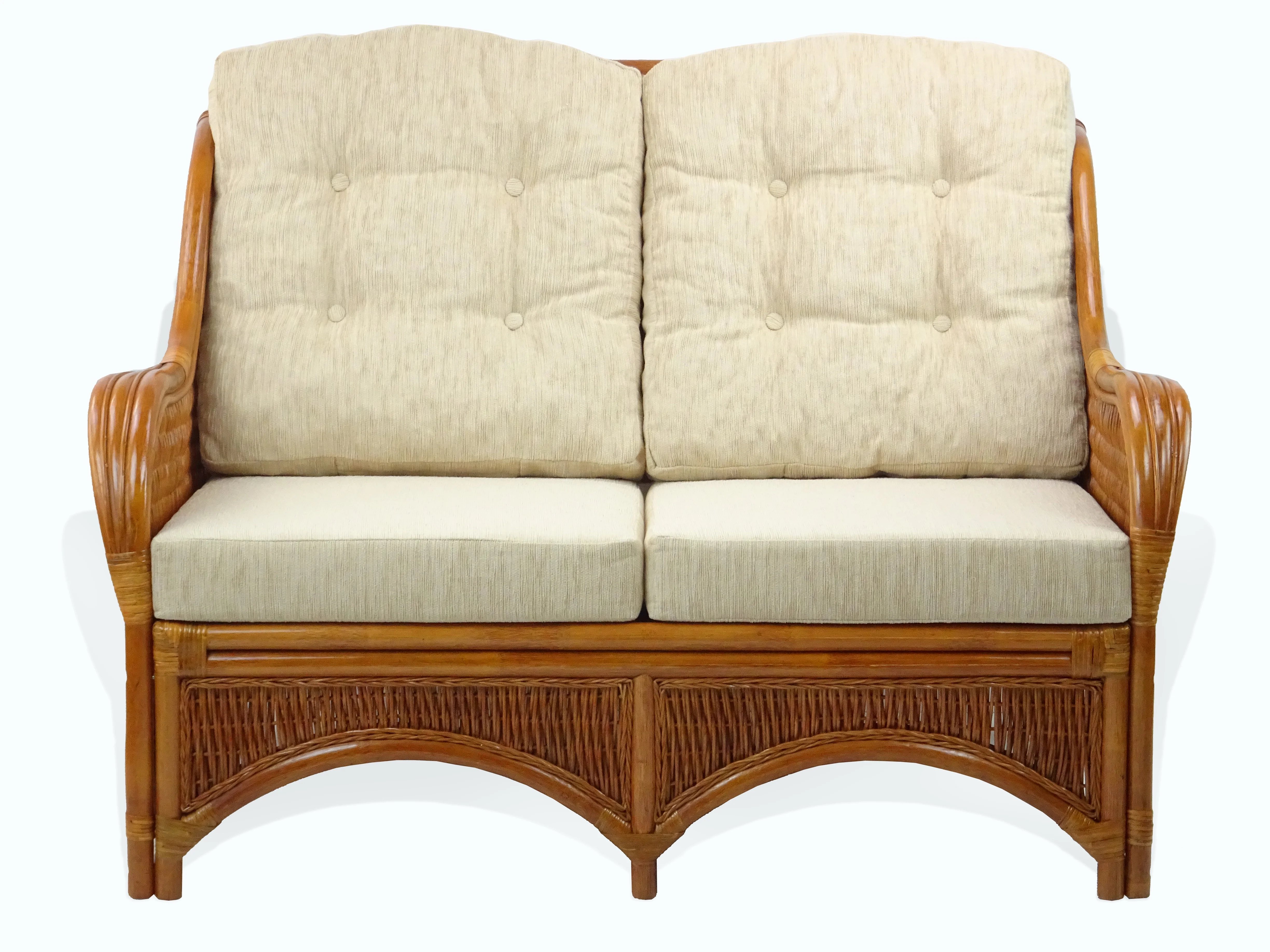 Jam Living Set of 2 Natural Rattan Wicker Lounge Chairs, Loveseat with Cream Cushions and Coffee Table w/Glass Handmade, Colonial