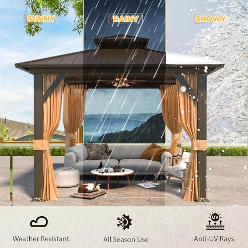 YOLENY 10' x 12' Hardtop Gazebo, Wood-Looking Gazebo with Galvanized Steel Double Roof, Aluminum Frame, Permanent Metal Pavilion with Netting and Curtains for Deck, Backyard, Patio and Lawns