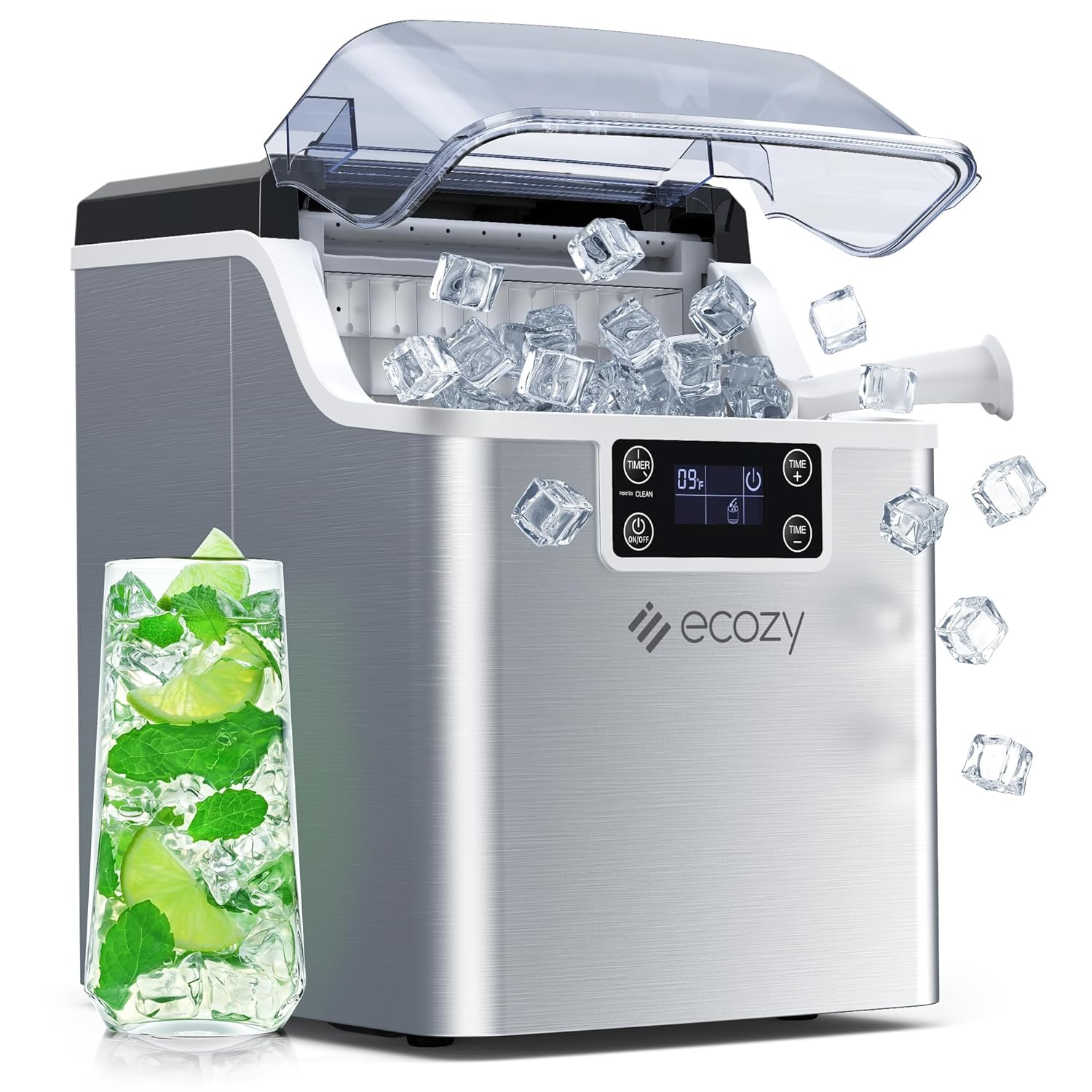 ecozy Portable Ice Makers for Countertop, 44lbs Per Day, 24 Cubes Ready in 13 Mins, 2 Ways to Add Water, Self-Cleaning Ice Maker with Ice Bags/Scoop/Basket for Home Office Bar Party, Silver