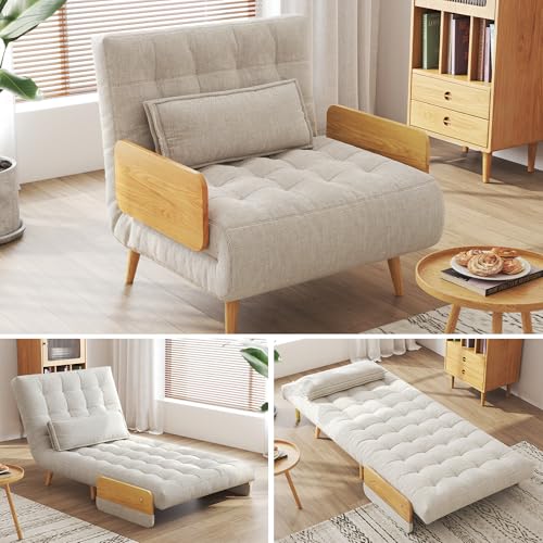 3-in-1 Convertible Chair Bed Sleeper for Adults, Linen Convertable Sleeper Chair with Wooden Arms & Pillows, Foldable Single Futon Sofa Bed (Mid Century with Walnut Arm, 36.6" Wide)