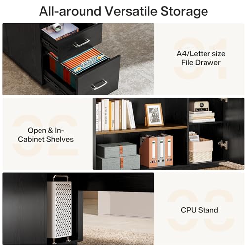 Tribesigns 85.8-Inch L-Shaped Executive Desk with File Drawers, Door Cabinet & Shelves, Extra Large Commercial Office Desk, Modern Professional Office Table, White & Brown Business Furniture