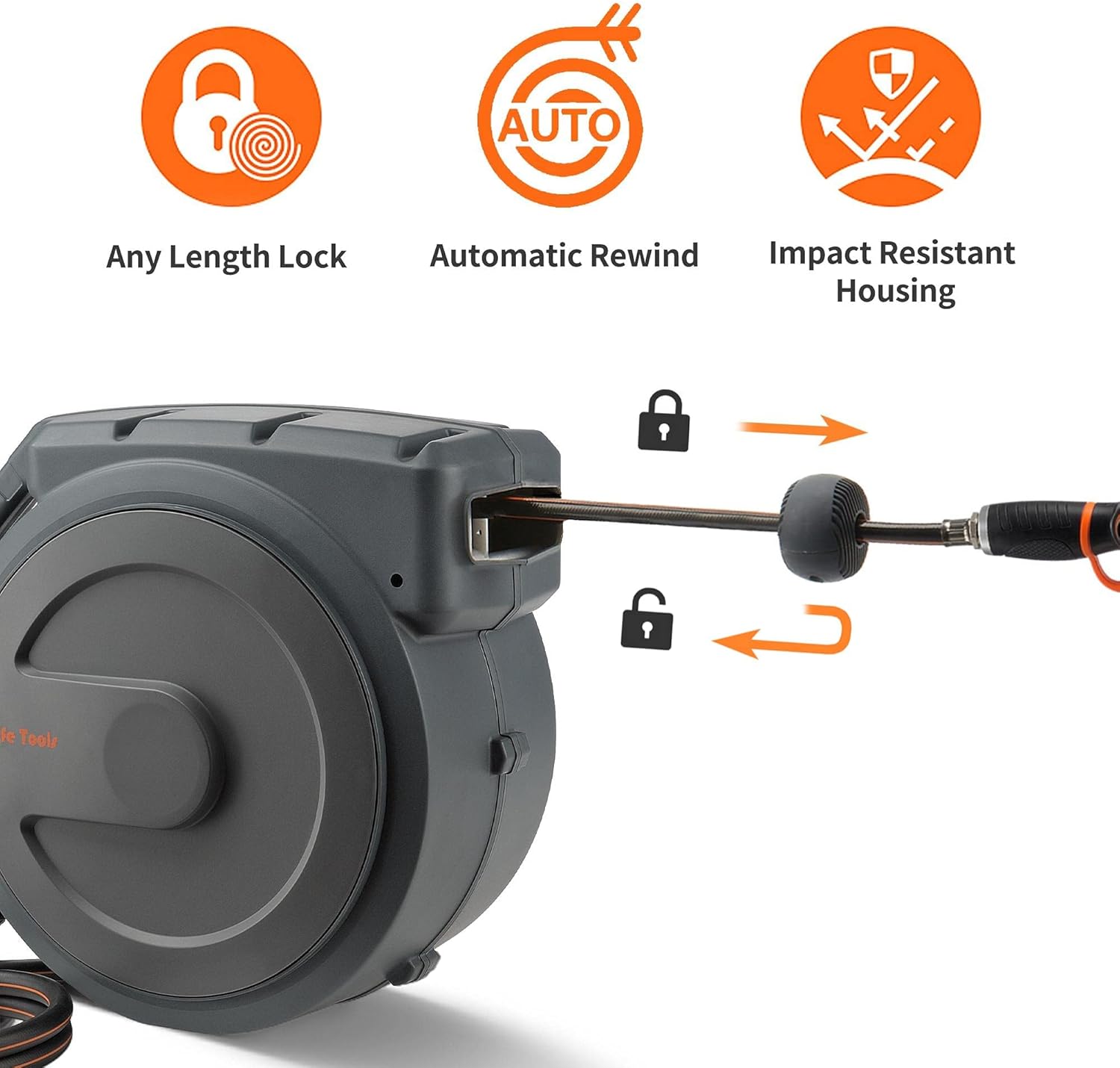 Giraffe Wall Mounted Hose Reel Retractable, 1/2" 78ft Heavy Duty Garden Hose Reel with 9 Pattern Hose Nozzle, Any Length Lock/Automatic Rewind/180° Swivel Bracket