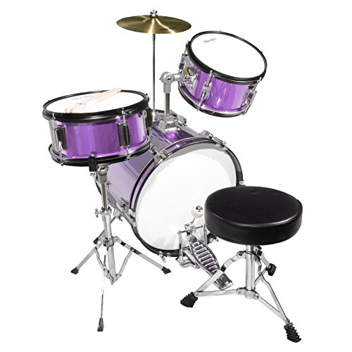 Mendini By Cecilio Kids Drum Set, 3 Piece Junior Drum Set for Beginners with Bass Tom Snare Drum, 16 inch Drum Kit with Snare, Cymbal, Drumsticks, Adjustable Seat (Metallic Red)