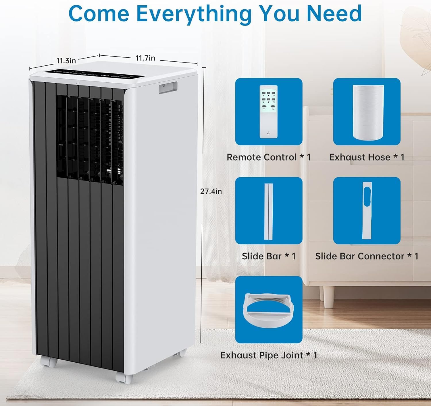 8,000 BTU Portable Mobile Air Conditioner, Cooling Range 350 Square Feet, with Remote Control, LED Touch Screen, 3-in-1/24 Hour Timer, Suitable for Home/Office/Dormitory, Black