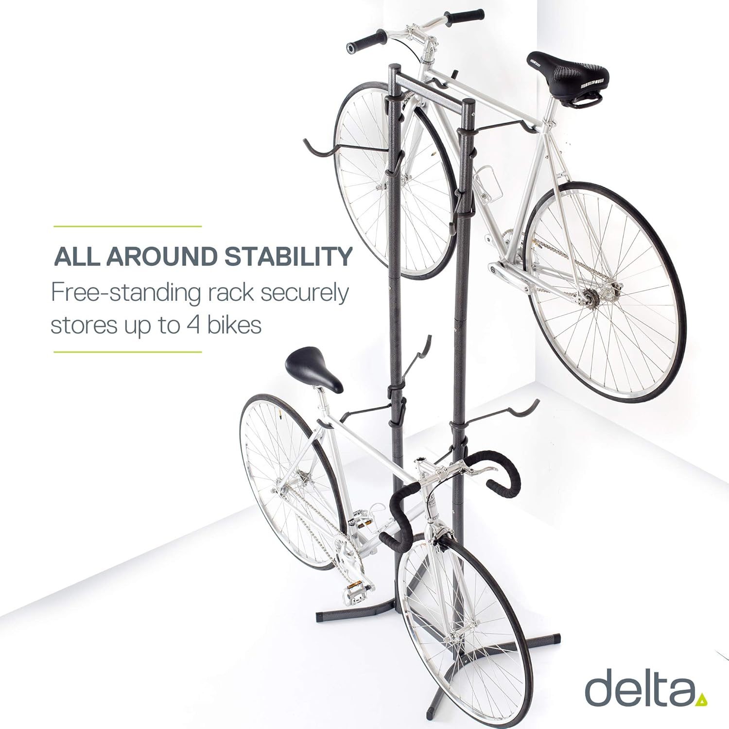 Delta Cycle Canaletto Bike Rack Garage - 4 Bike Storage Rack - No Drilling Required - Fully Adjustable Vertical Bike Rack for Any Style Bicycle - Freestanding Wall Bike Rack Holds Up to 160 lbs
