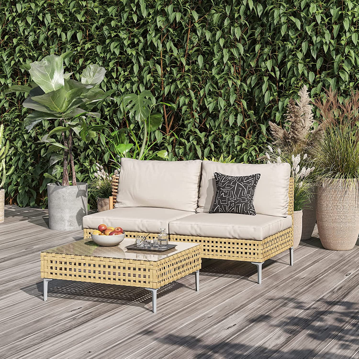 Grand Patio 7-Piece Wicker Patio Furniture Set, All-Weather Outdoor Conversation Set Sectional Sofa with Water Resistant Beige Thick Cushions and Coffee Table