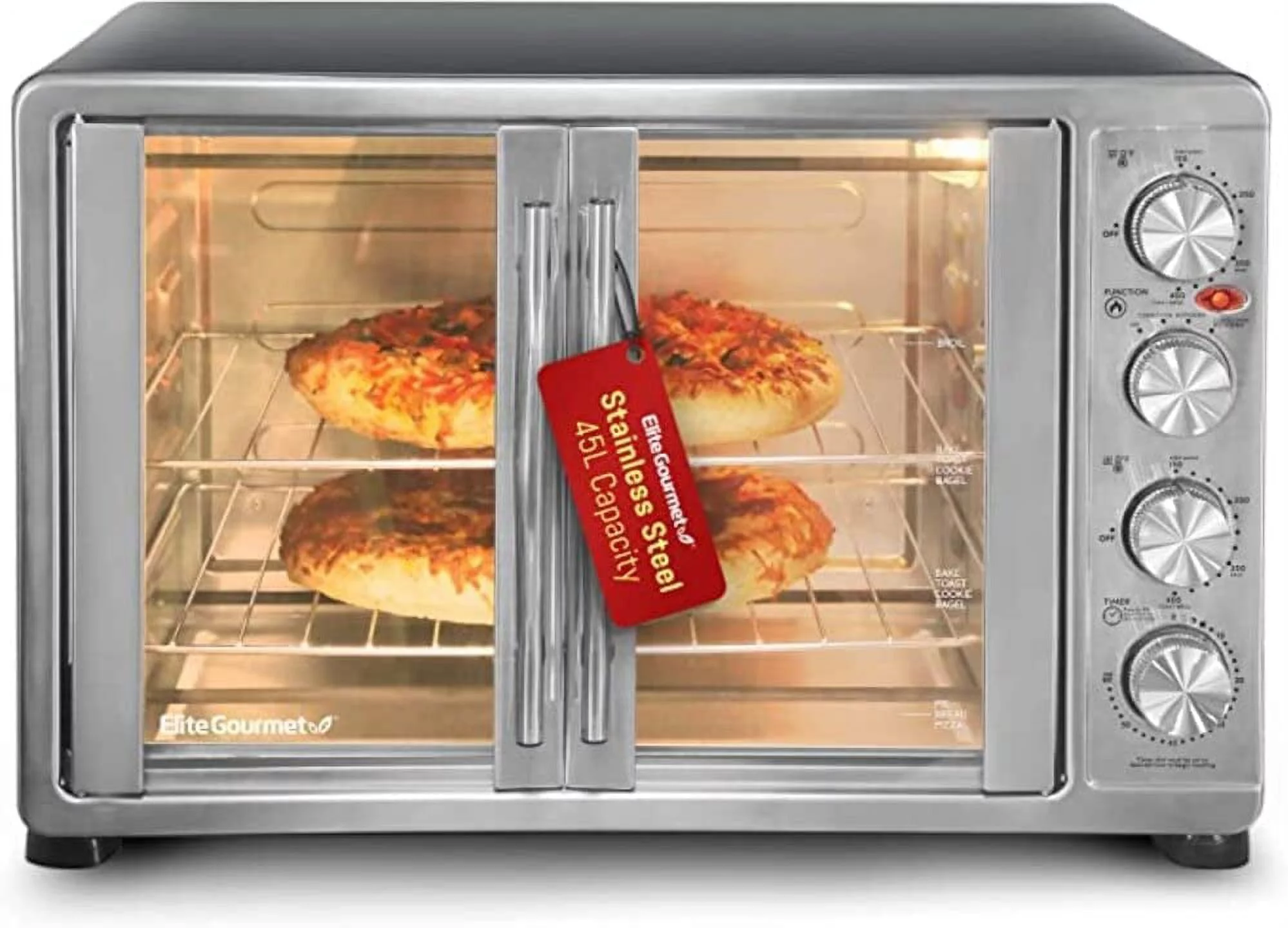 Elite Gourmet ETO-4510M French Door 47.5Qt, 18-Slice Convection Oven 4-Control Knobs, Bake Broil Toast Rotisserie Keep Warm, Includes 2 x 14" Pizza Racks, Stainless Steel - Curated Treasures Market