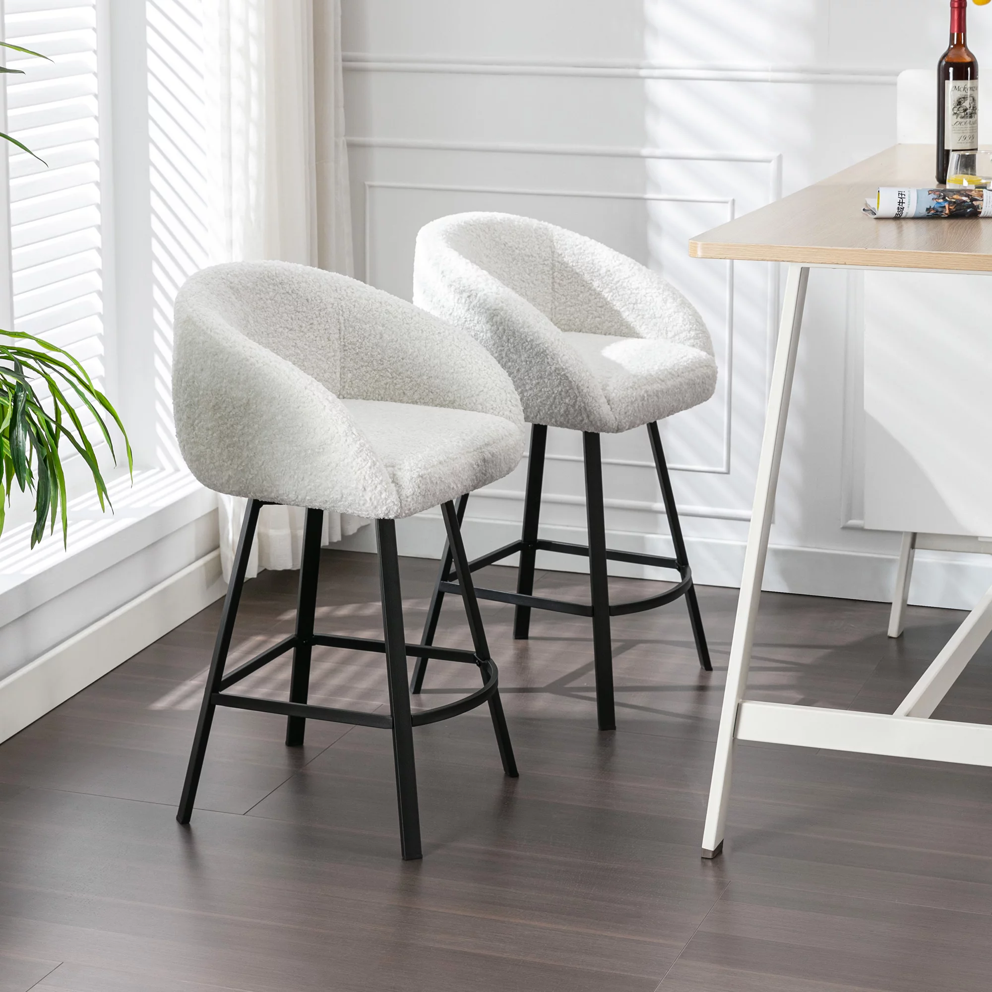Zesthouse 25.6" Counter Height Swivel Bar Stools Set of 2, Sherpa Barrel Bar Stools with Backs, Modern Boucle Counter Stools for Pub Kitchen Island, White