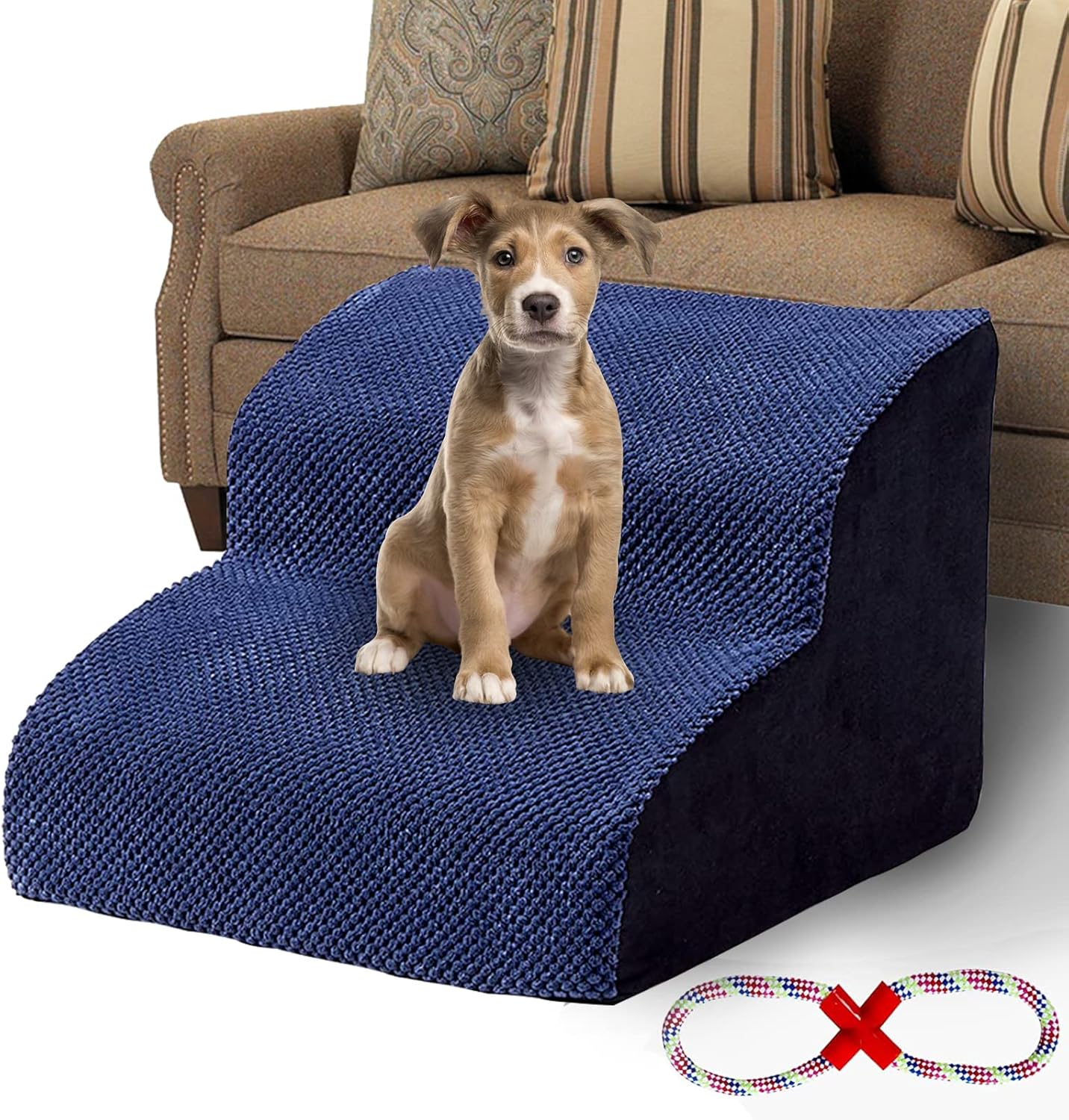 MALOROY 2 Tiers Foam Dog Ramps, Dog Ladder Pet Ramp Stairs Non-Slip Pet Step for Older Dogs and Pets with Joint Pain, Sofa Bed Ladder for Cats（Navy Blue）