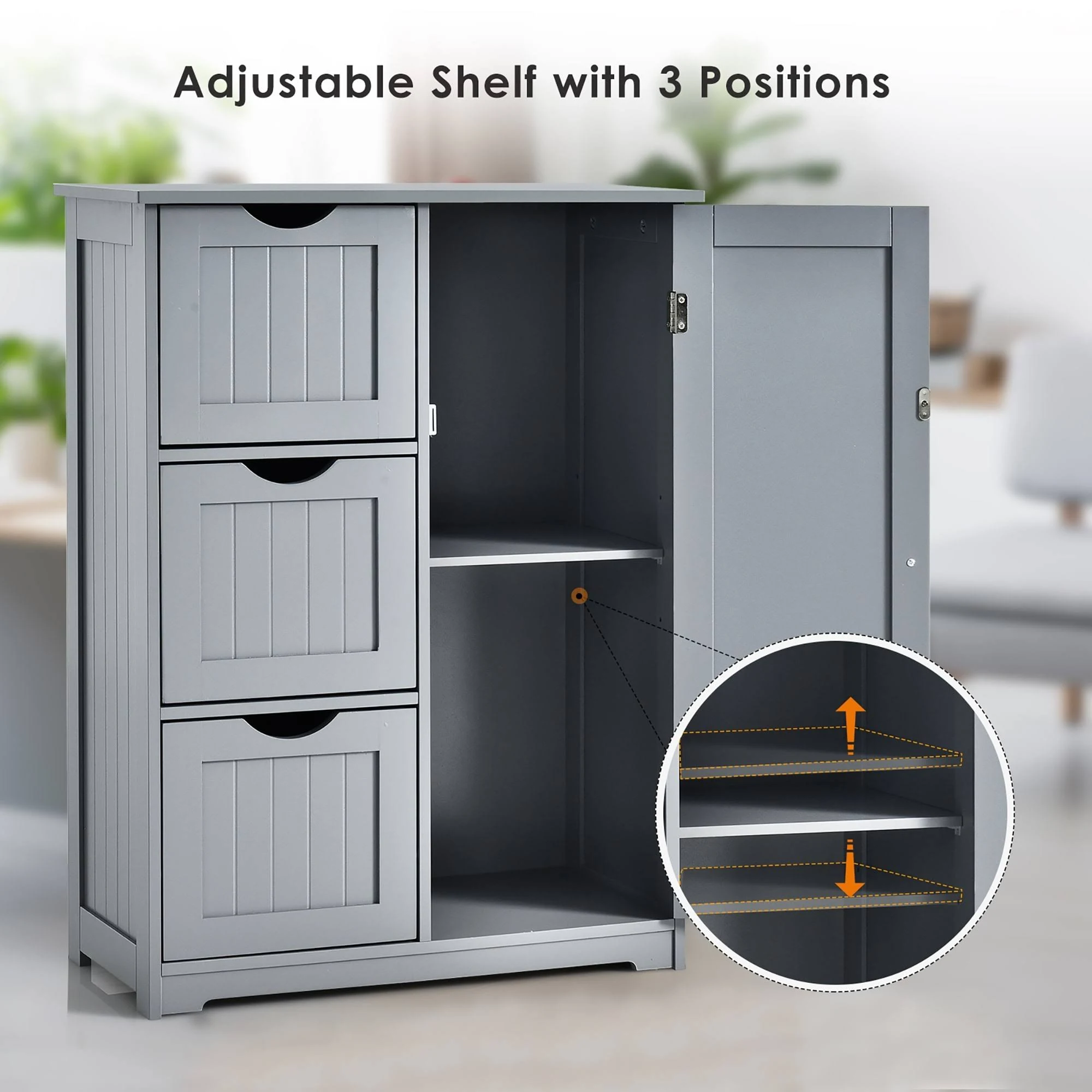 Bathroom Floor Cabinet Wooden with 1 Cupboard and 3 Drawers - Grey