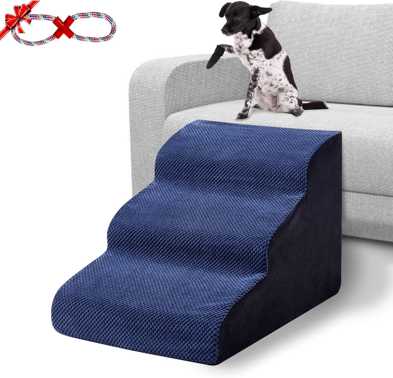 MALOROY 2 Tiers Foam Dog Ramps, Dog Ladder Pet Ramp Stairs Non-Slip Pet Step for Older Dogs and Pets with Joint Pain, Sofa Bed Ladder for Cats（Navy Blue）