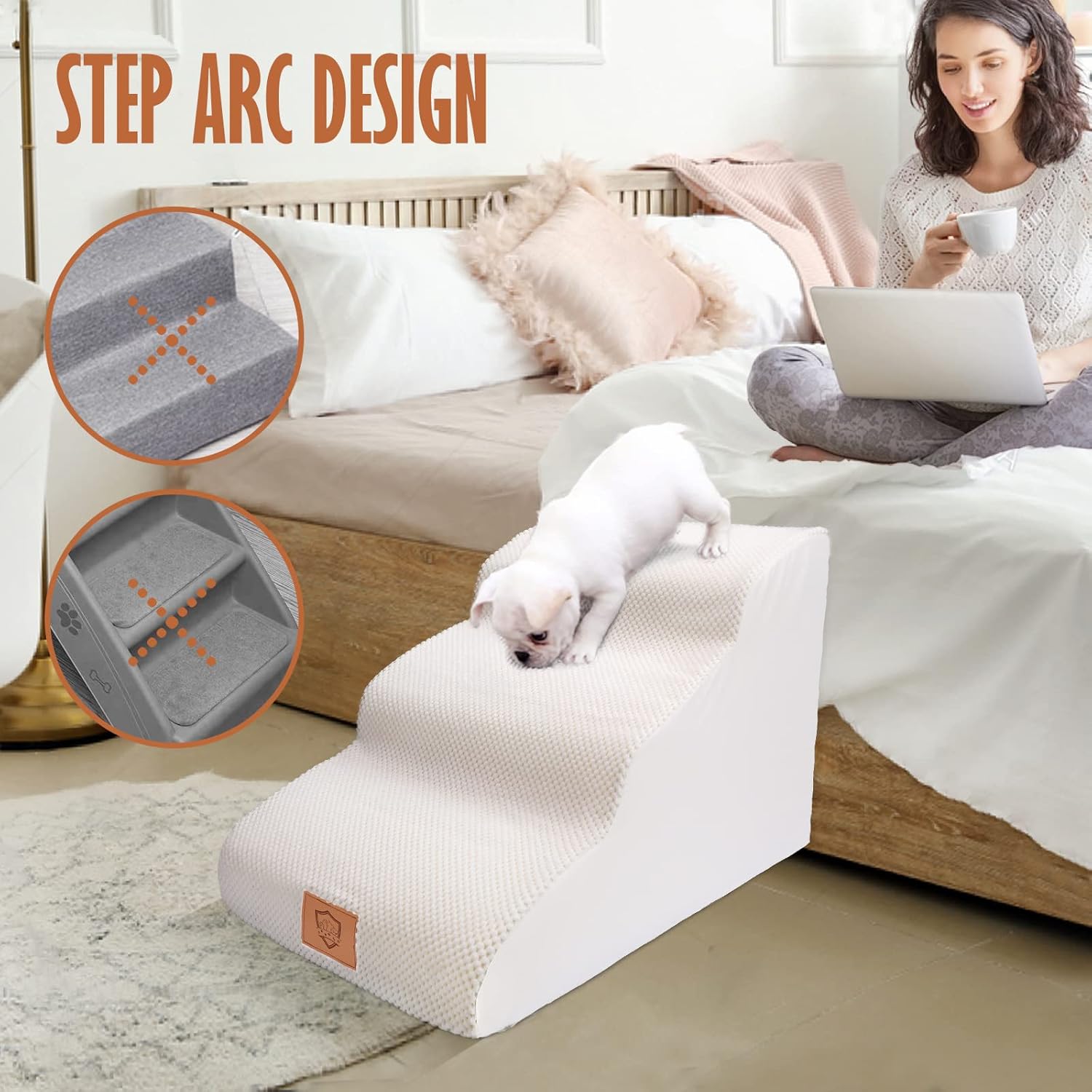 High Density Foam Pet Stairs,3 Tiers Pet Steps, Non-Slip Dog Ramps with Removable Cover,15.7 Inch High Dog Ladder,Best for Short Legs,Injured Dogs&Cats ,White,Send a Pet Hair Remover Roller