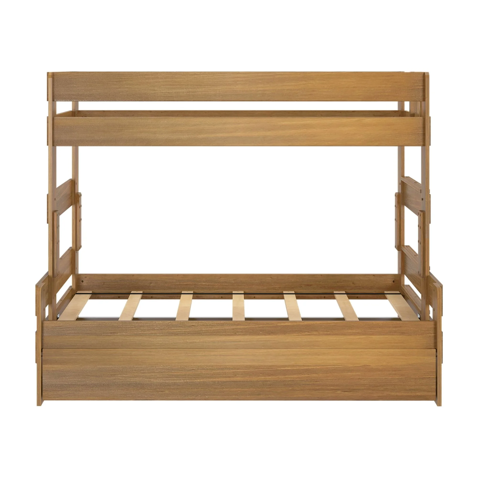 Max & Lily Twin Over Full Bunk Bed with Trundle, Modern Farmhouse Wooden Bunk Beds For Kids, Pecan
