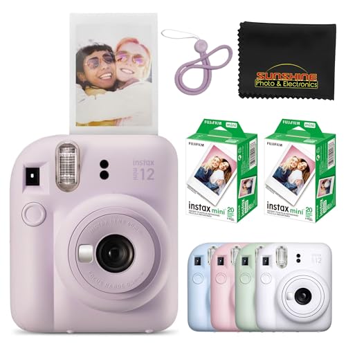 Fujifilm Instax Mini 12 Instant Camera Pastel Blue with 40 Sheets Fujifilm Instax Mini Film Bundle, Sunshine Photo Microfiber Cleaning Cloth Included