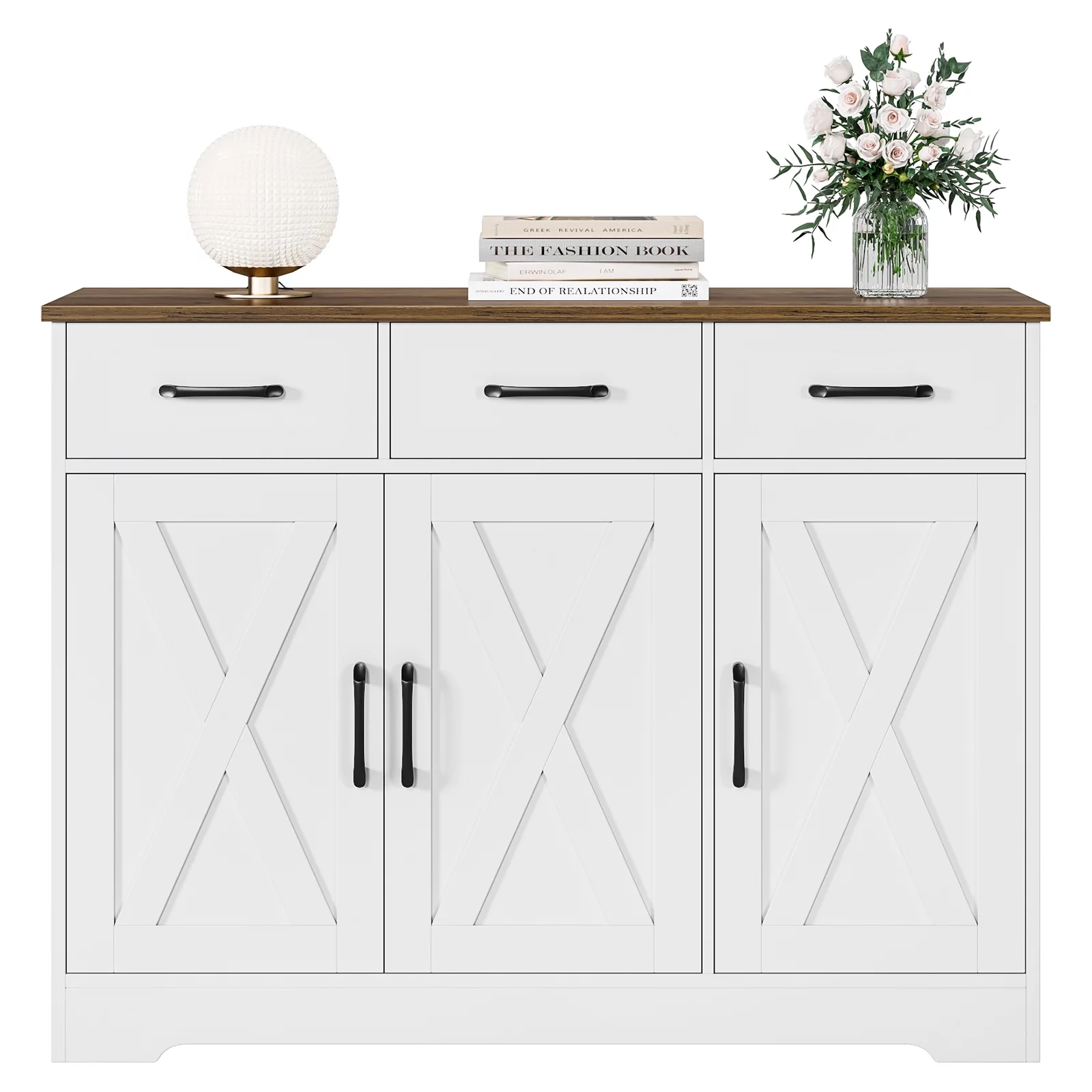 Homfa 42.5‘’ Kitchen Buffet Sideboard Cabinet, 3 Drawers Farmhouse Coffee Bar Storage Cabinet with Adjustable Shelf, White - Curated Treasures Market